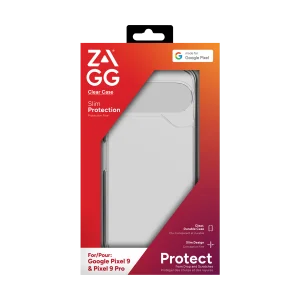 ZAGG Google Pixel 9/9 Pro genomskinligt fodral, produkt i förpackning